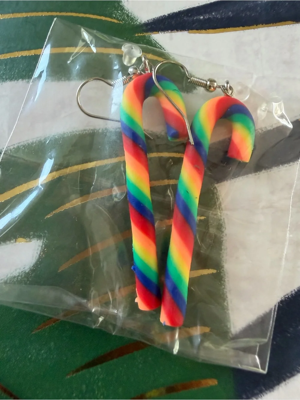 Rainbow Candy Cane Dangle Earrings Holiday Christmas Clay Lightweight